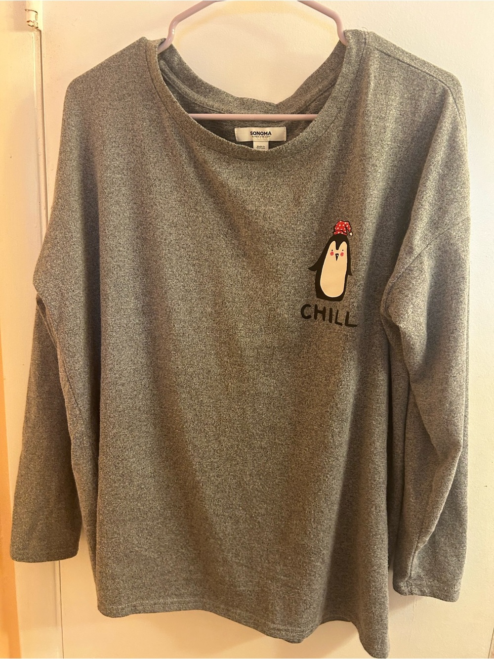 Sonoma Gray Penguin 'Chill' Pajama Sleepwear Shirt with Red Accent